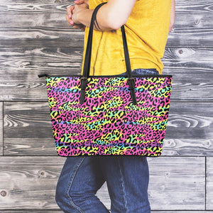 Trippy Psychedelic Leopard Print Leather Tote Bag