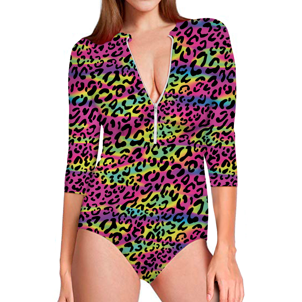 Trippy Psychedelic Leopard Print Long Sleeve Swimsuit