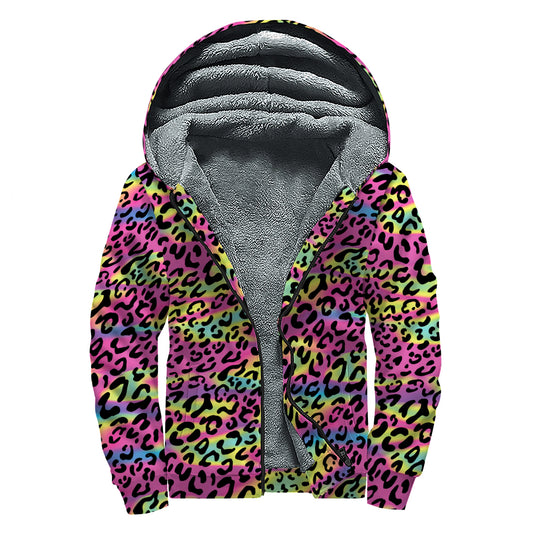 Trippy Psychedelic Leopard Print Sherpa Lined Zip Up Hoodie