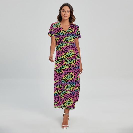 Trippy Psychedelic Leopard Print Short Sleeve Maxi Dress