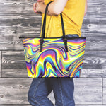 Trippy Rave Print Leather Tote Bag