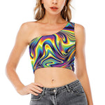 Trippy Rave Print One Shoulder Crop Top