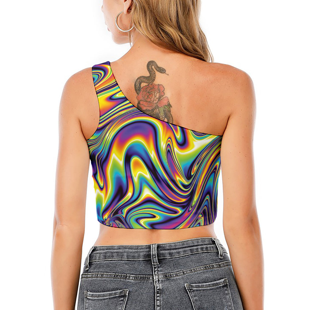 Trippy Rave Print One Shoulder Crop Top