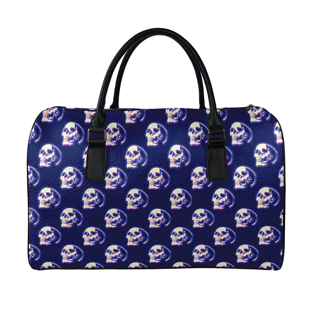 Trippy Skull Pattern Print Leather Duffle Bag