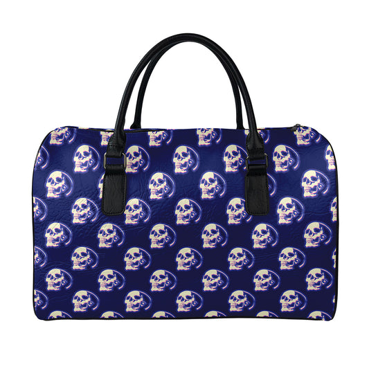 Trippy Skull Pattern Print Leather Duffle Bag