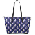Trippy Skull Pattern Print Leather Tote Bag