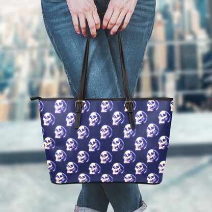 Trippy Skull Pattern Print Leather Tote Bag