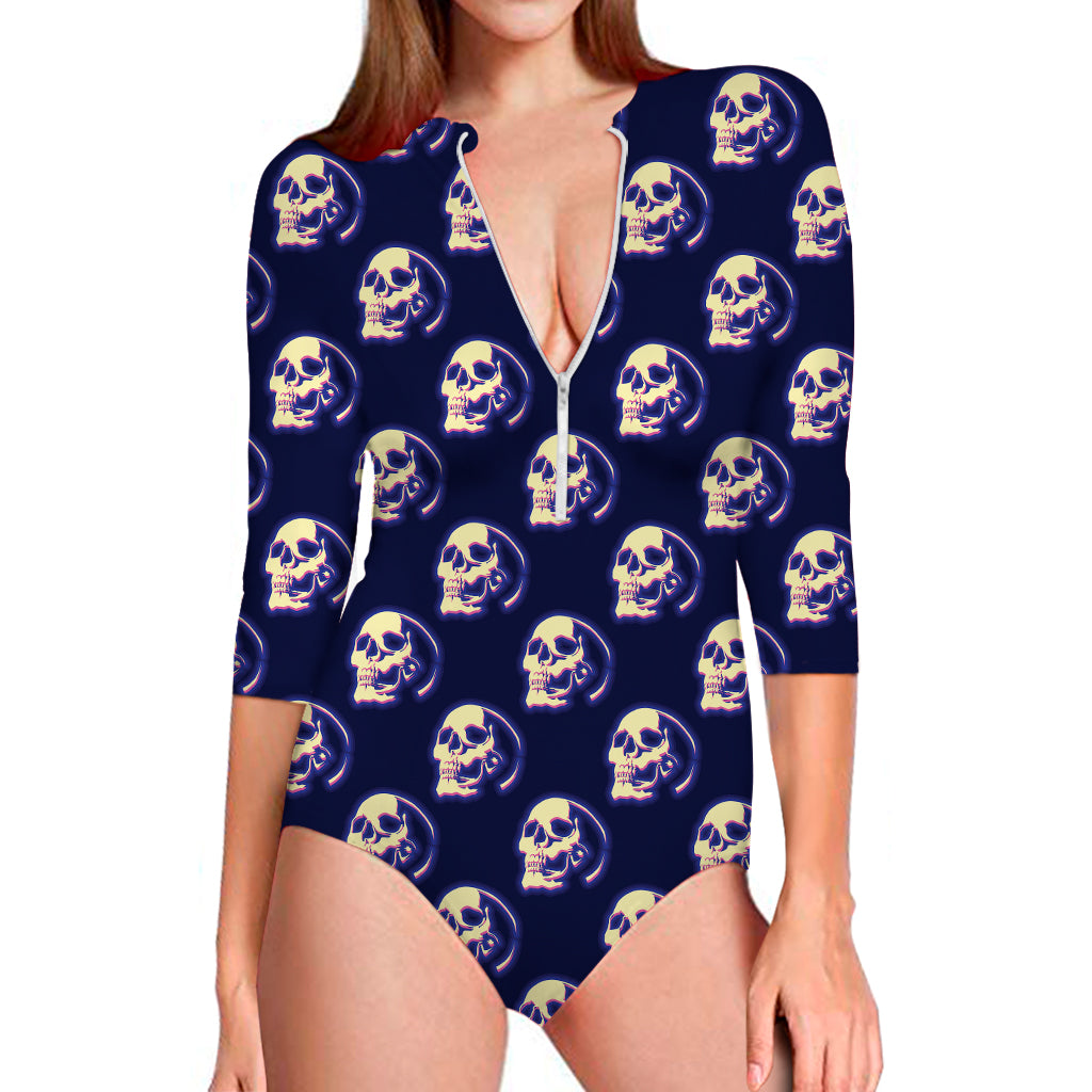 Trippy Skull Pattern Print Long Sleeve Swimsuit