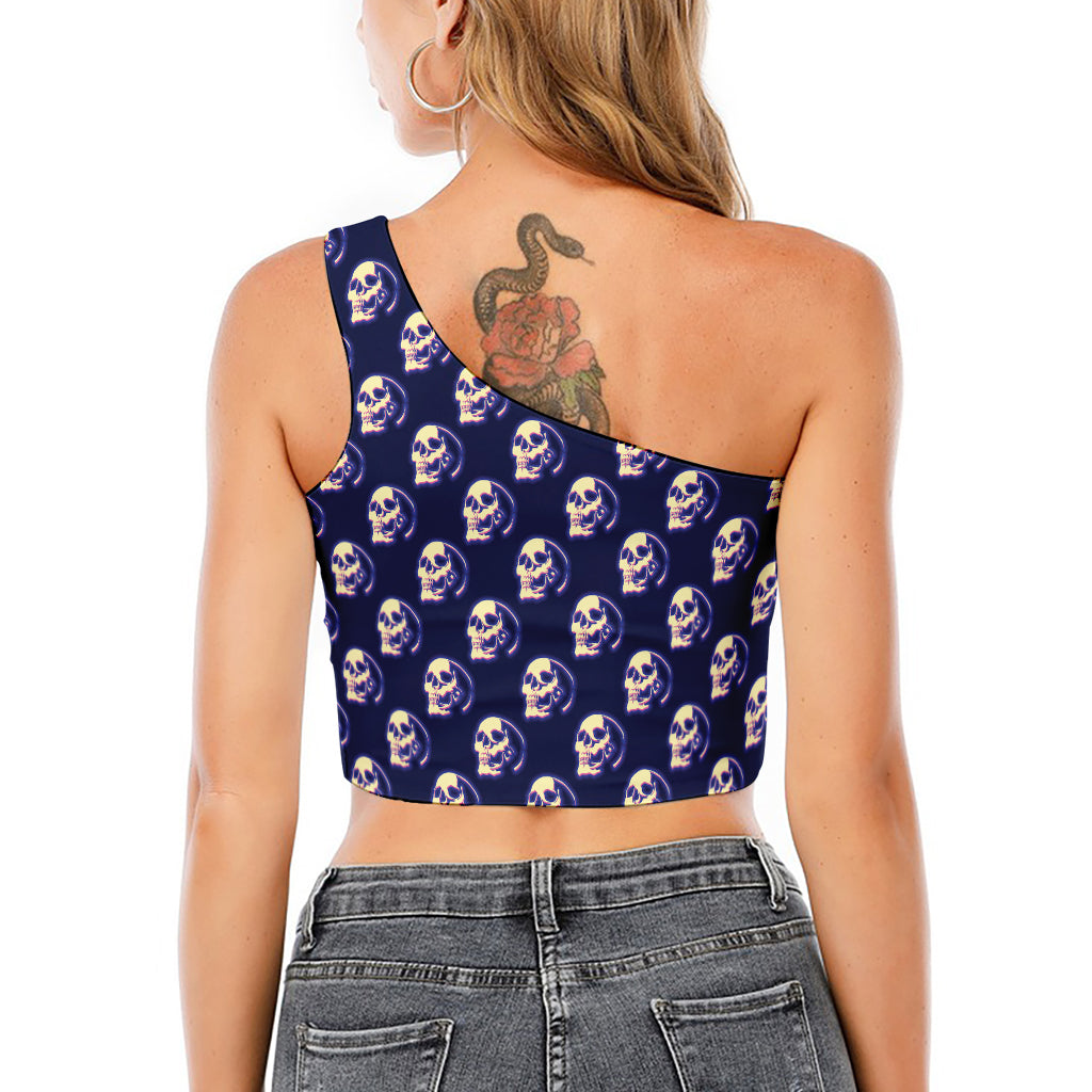 Trippy Skull Pattern Print One Shoulder Crop Top