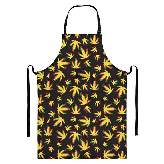 Trippy Weed Leaf Pattern Print Bib Apron With Pocket