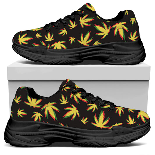 Trippy Weed Leaf Pattern Print Black Chunky Shoes