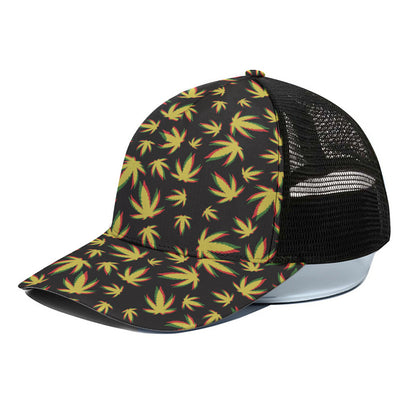 Trippy Weed Leaf Pattern Print Black Mesh Trucker Cap