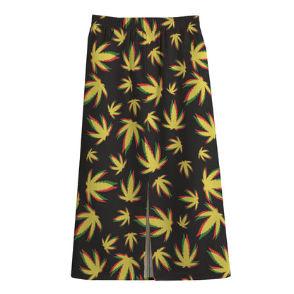 Trippy Weed Leaf Pattern Print Cotton Front Slit Maxi Skirt