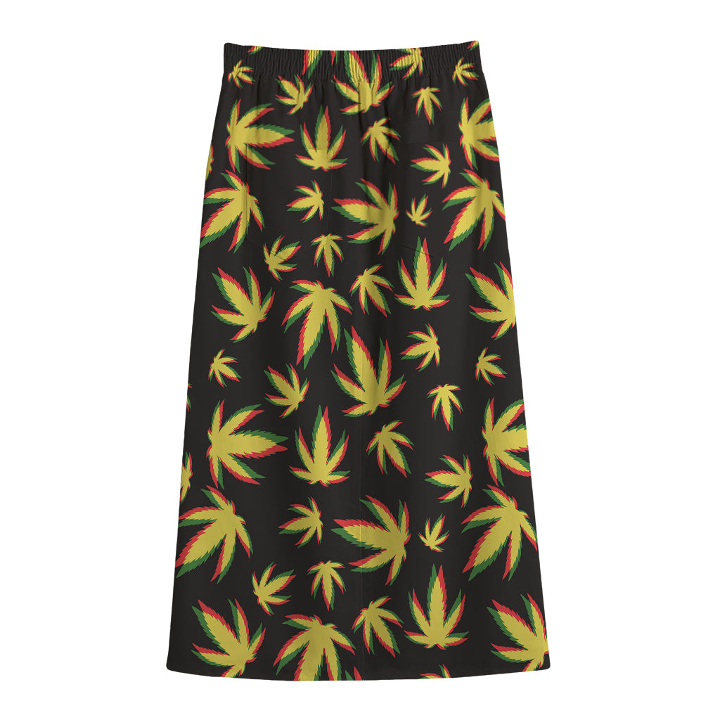 Trippy Weed Leaf Pattern Print Cotton Front Slit Maxi Skirt