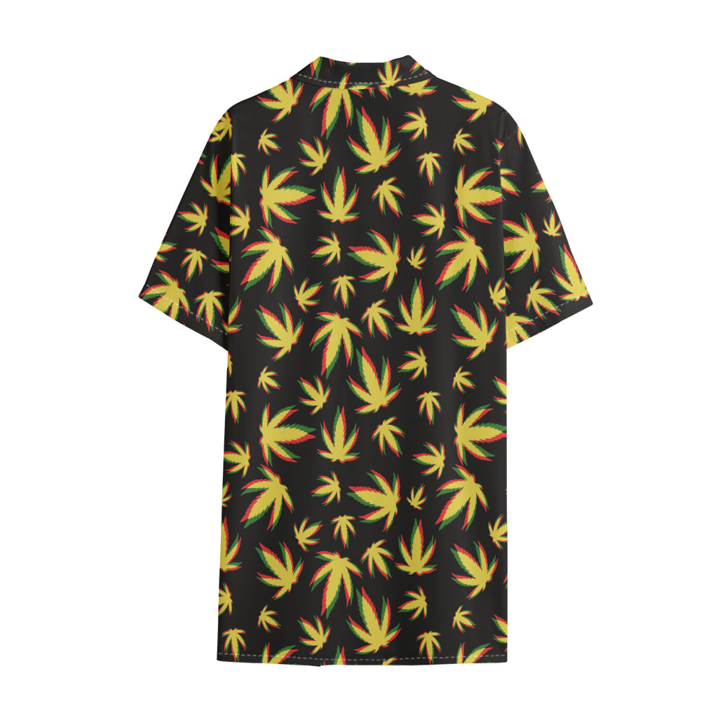 Trippy Weed Leaf Pattern Print Cotton Hawaiian Shirt