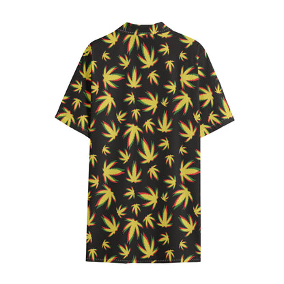 Trippy Weed Leaf Pattern Print Cotton Hawaiian Shirt