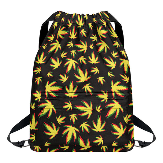 Trippy Weed Leaf Pattern Print Drawstring Backpack