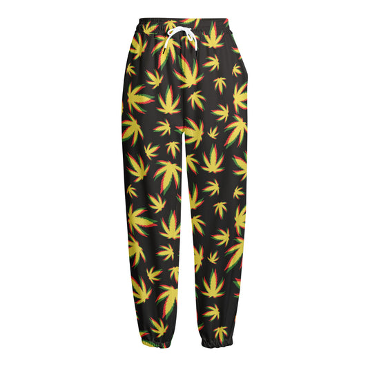 Trippy Weed Leaf Pattern Print Fleece Lined Knit Pants
