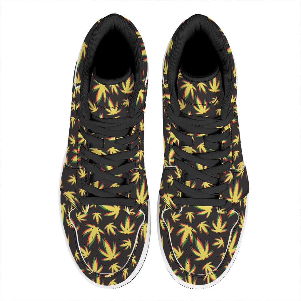 Trippy Weed Leaf Pattern Print High Top Leather Sneakers