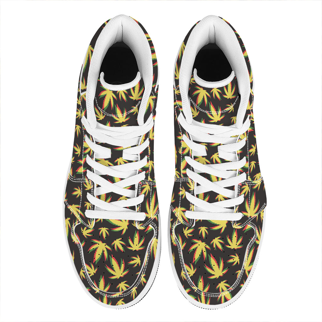 Trippy Weed Leaf Pattern Print High Top Leather Sneakers