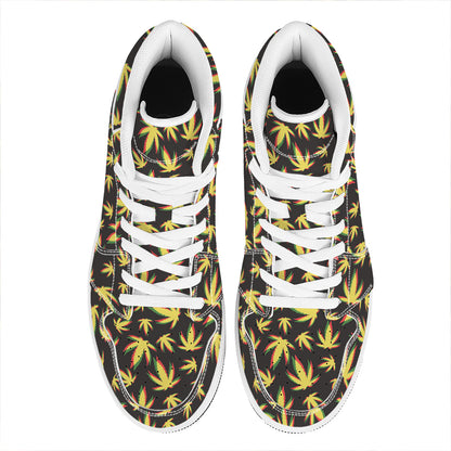 Trippy Weed Leaf Pattern Print High Top Leather Sneakers
