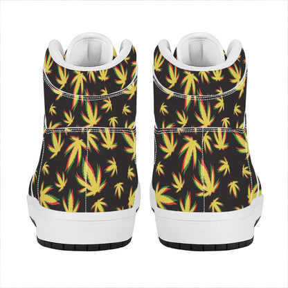 Trippy Weed Leaf Pattern Print High Top Leather Sneakers
