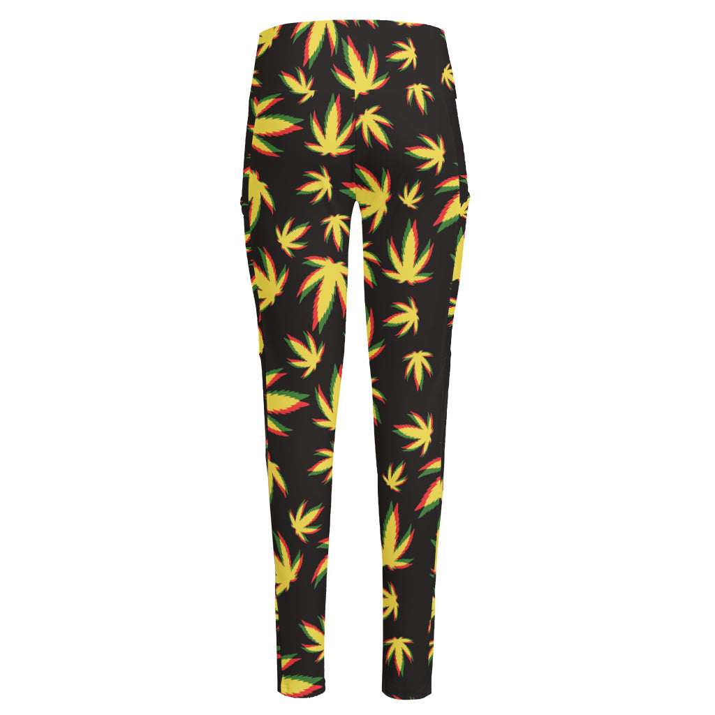 Trippy Weed Leaf Pattern Print High-Waisted Pocket Leggings
