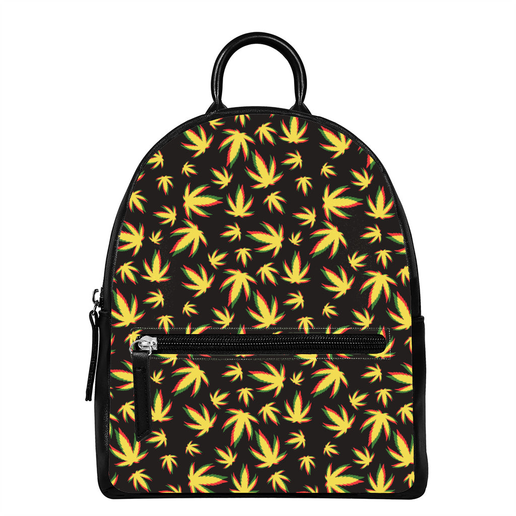 Trippy Weed Leaf Pattern Print Leather Backpack