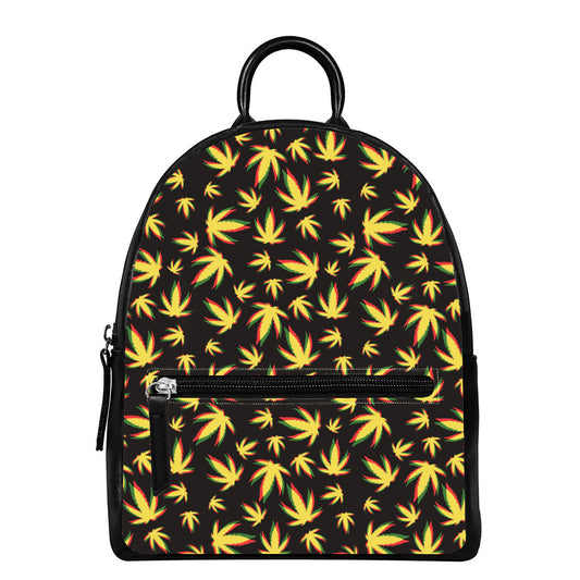 Trippy Weed Leaf Pattern Print Leather Backpack