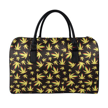 Trippy Weed Leaf Pattern Print Leather Duffle Bag
