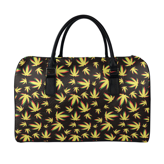 Trippy Weed Leaf Pattern Print Leather Duffle Bag