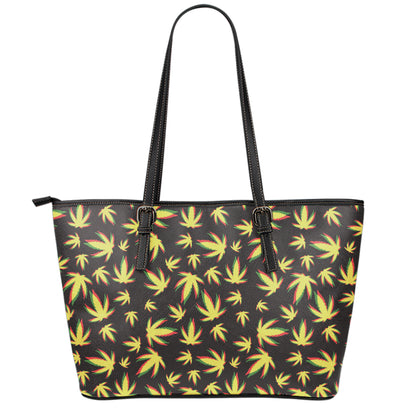 Trippy Weed Leaf Pattern Print Leather Tote Bag