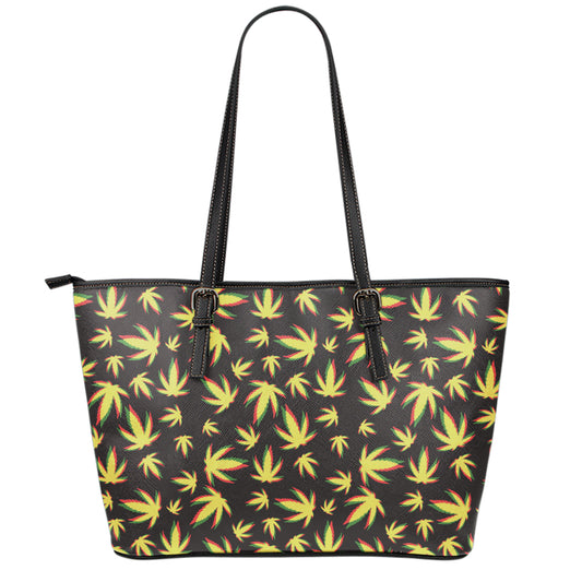 Trippy Weed Leaf Pattern Print Leather Tote Bag