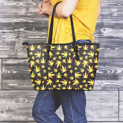 Trippy Weed Leaf Pattern Print Leather Tote Bag