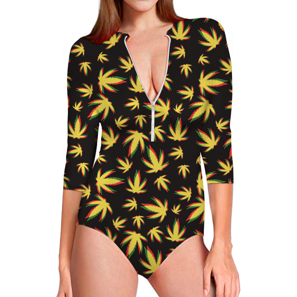 Trippy Weed Leaf Pattern Print Long Sleeve Swimsuit