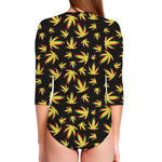 Trippy Weed Leaf Pattern Print Long Sleeve Swimsuit