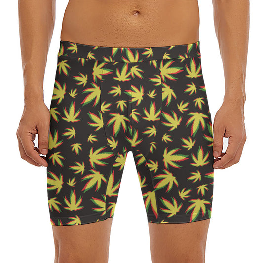 Trippy Weed Leaf Pattern Print Men's Long Boxer Briefs