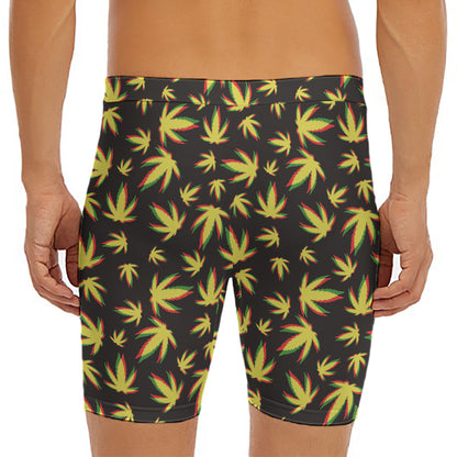 Trippy Weed Leaf Pattern Print Men's Long Boxer Briefs