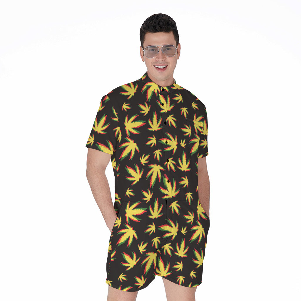 Trippy Weed Leaf Pattern Print Men's Rompers