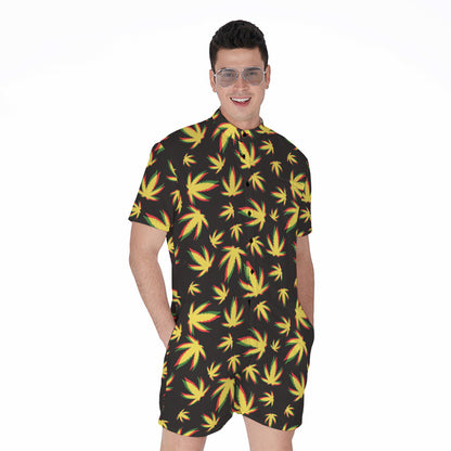 Trippy Weed Leaf Pattern Print Men's Rompers