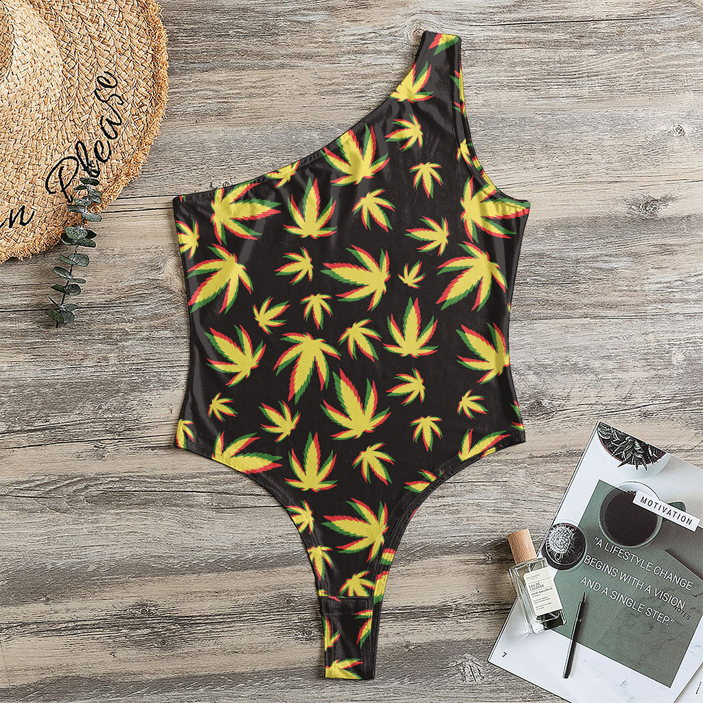 Trippy Weed Leaf Pattern Print One Shoulder Bodysuit