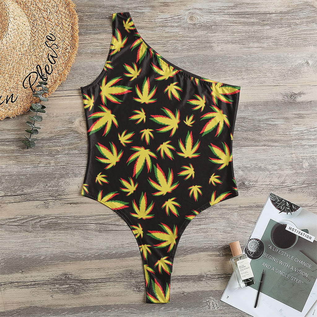 Trippy Weed Leaf Pattern Print One Shoulder Bodysuit