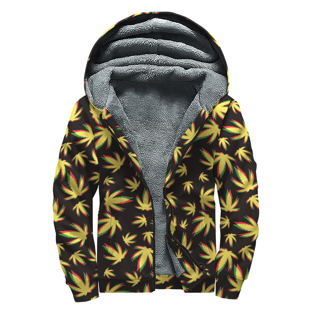 Trippy Weed Leaf Pattern Print Sherpa Lined Zip Up Hoodie
