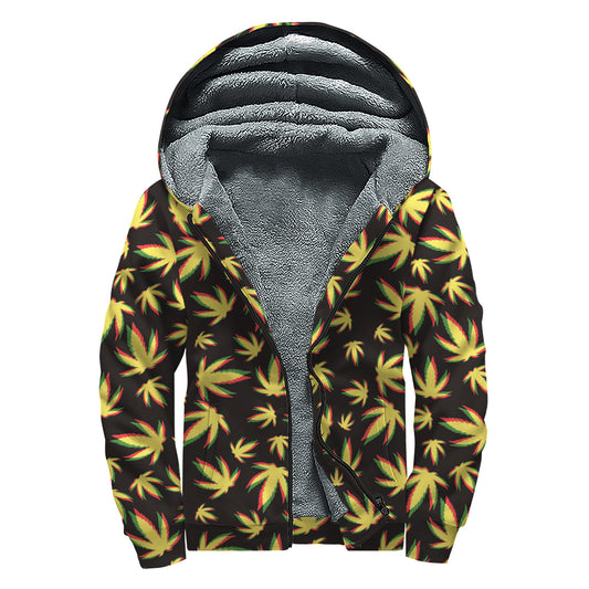 Trippy Weed Leaf Pattern Print Sherpa Lined Zip Up Hoodie