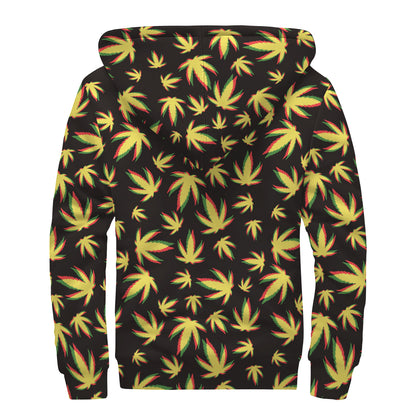 Trippy Weed Leaf Pattern Print Sherpa Lined Zip Up Hoodie
