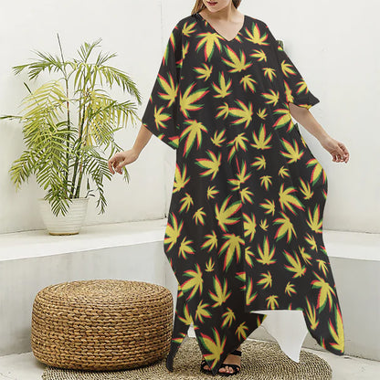 Trippy Weed Leaf Pattern Print Silk V-Neck Kaftan Dress