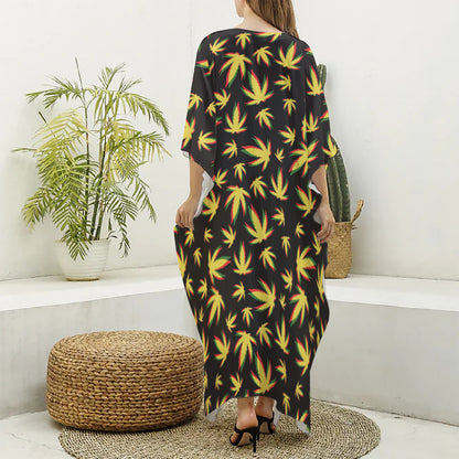 Trippy Weed Leaf Pattern Print Silk V-Neck Kaftan Dress