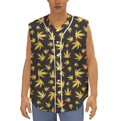 Trippy Weed Leaf Pattern Print Sleeveless Baseball Jersey