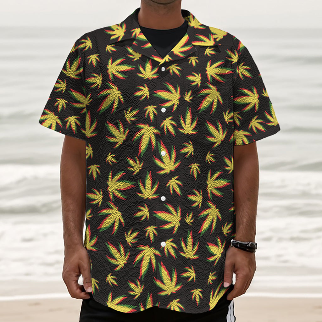 Trippy Weed Leaf Pattern Print Textured Short Sleeve Shirt