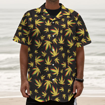 Trippy Weed Leaf Pattern Print Textured Short Sleeve Shirt